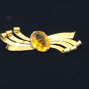 Coro Craft LG Ribbon Brooch VTG Sterling Yellow Amber CoroCraft Signed 6365
